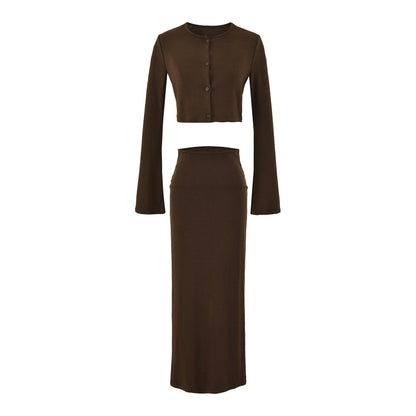 Ladies' cropped set made of fine knit with button cardigan and figure-hugging maxi skirt EVA-US
