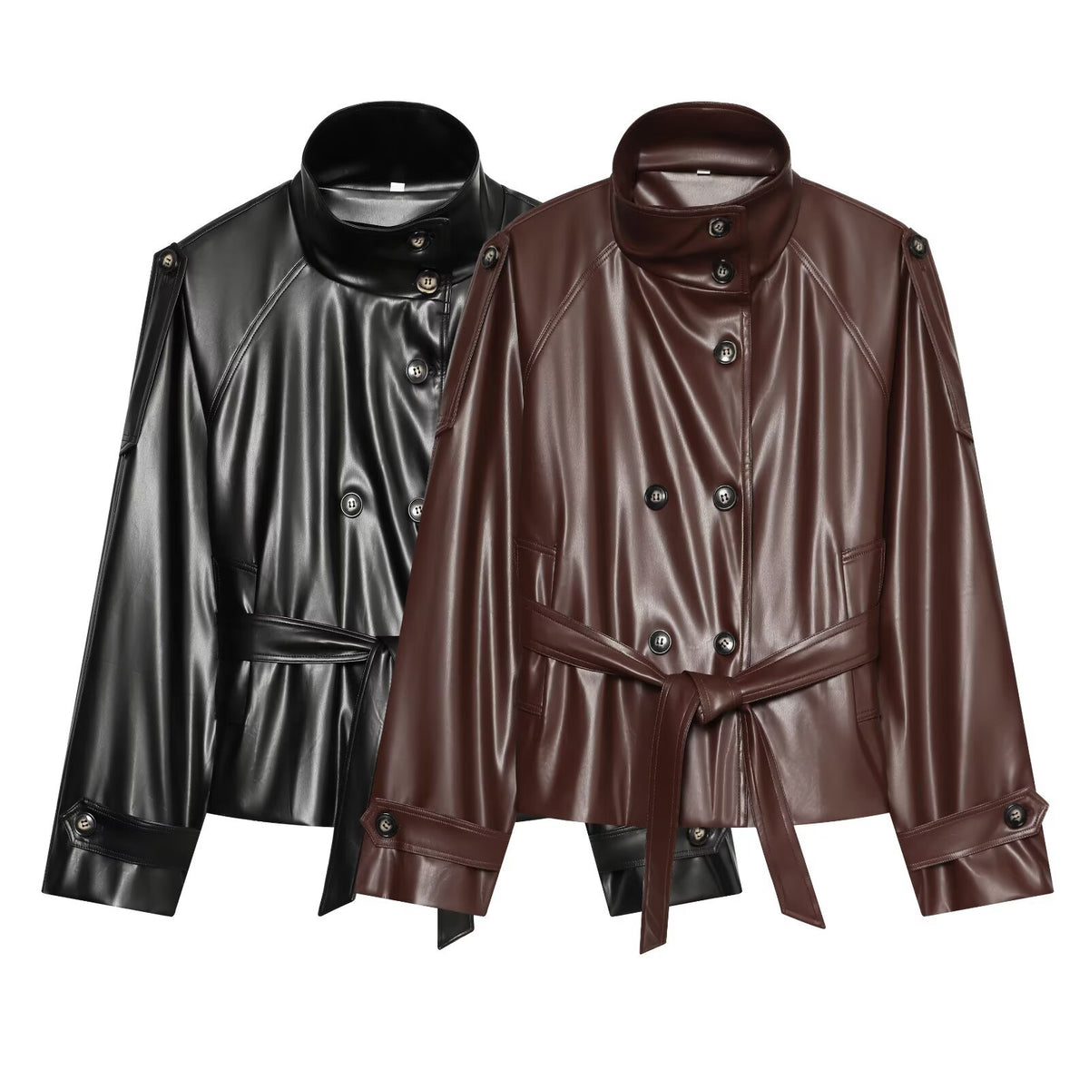 Women's Cropped Faux Leather Jacket with High Collar and Waistband EVA-US