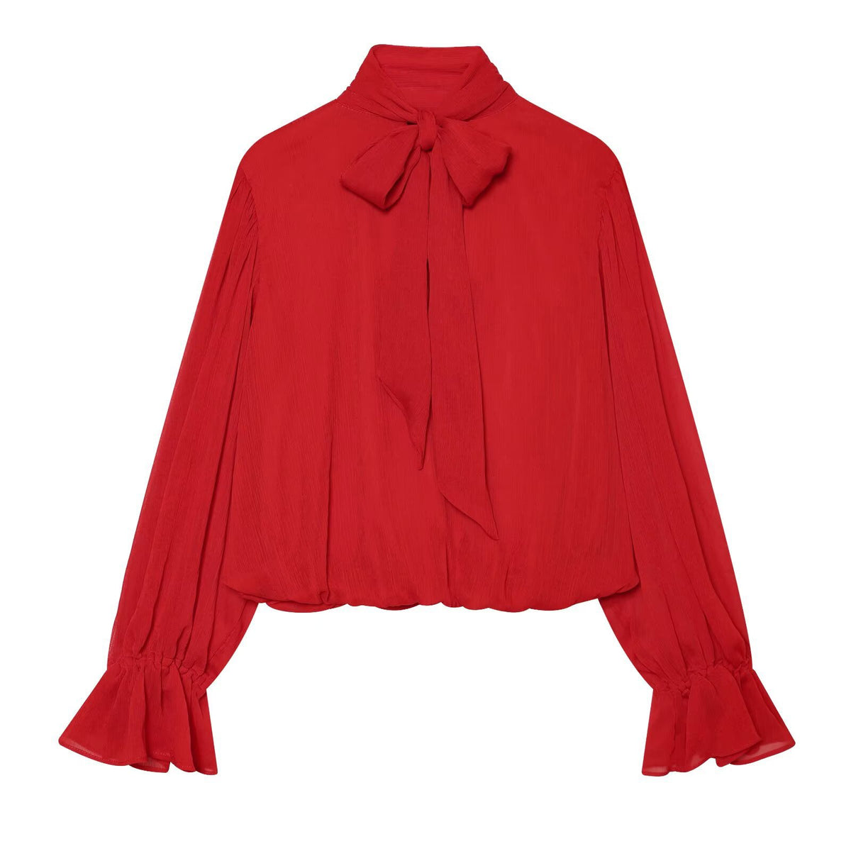 Women's chiffon blouse with tie, standing collar, and gathered balloon sleeves EVA-US