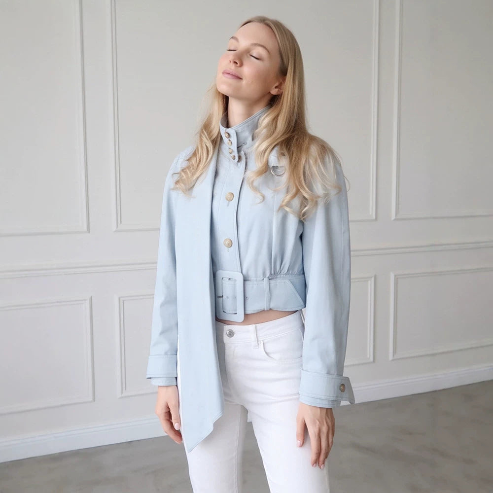 Women Tailored Cropped Jacket with Extra Long Tie & Wide Waist Belt EVA-US