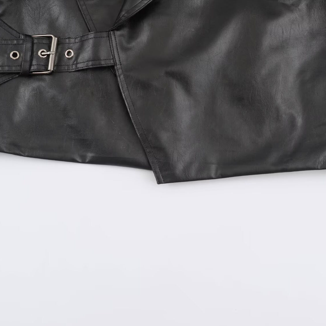 Women's Cropped Leather-Look Jacket with Oversized Shawl Collar and Tailoring Buckle Belt EVA-US