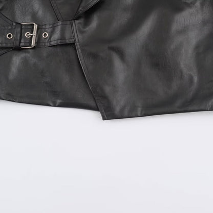 Women's Cropped Leather-Look Jacket with Oversized Shawl Collar and Tailoring Buckle Belt EVA-US