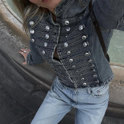 Women's short cut military-inspired denim jacket with decorative stripes and metal buttons EVA-US