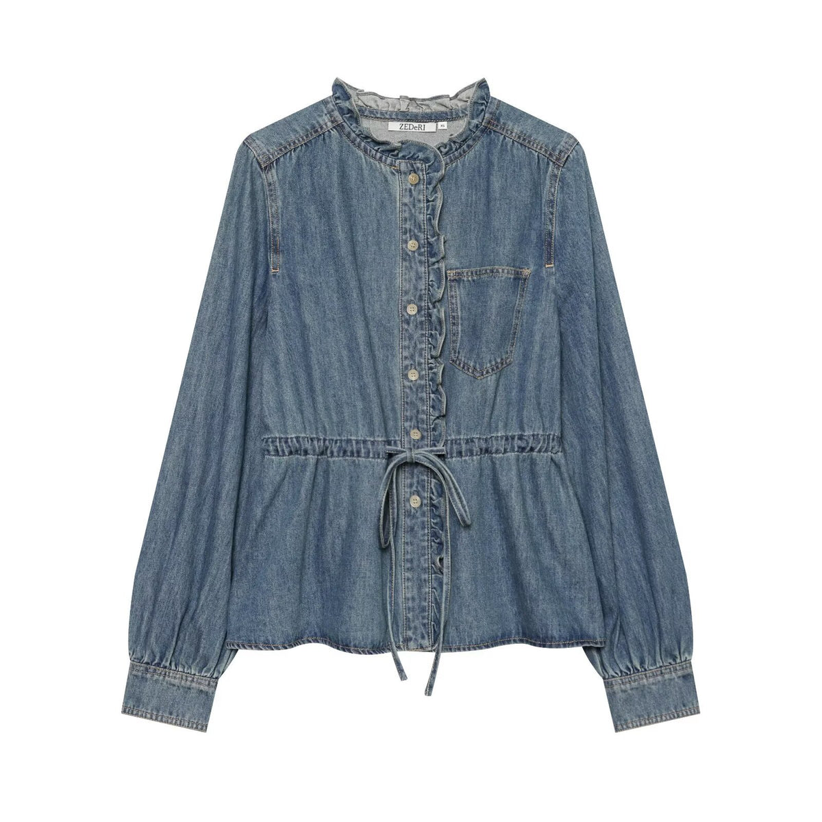 Women's jeans blouse with ruffle trim, drawstring waist and cuffed sleeves EVA-US