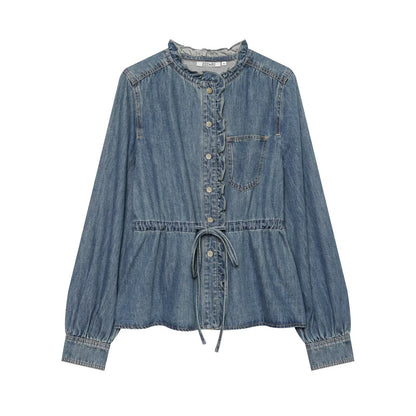 Women's jeans blouse with ruffle trim, drawstring waist and cuffed sleeves EVA-US