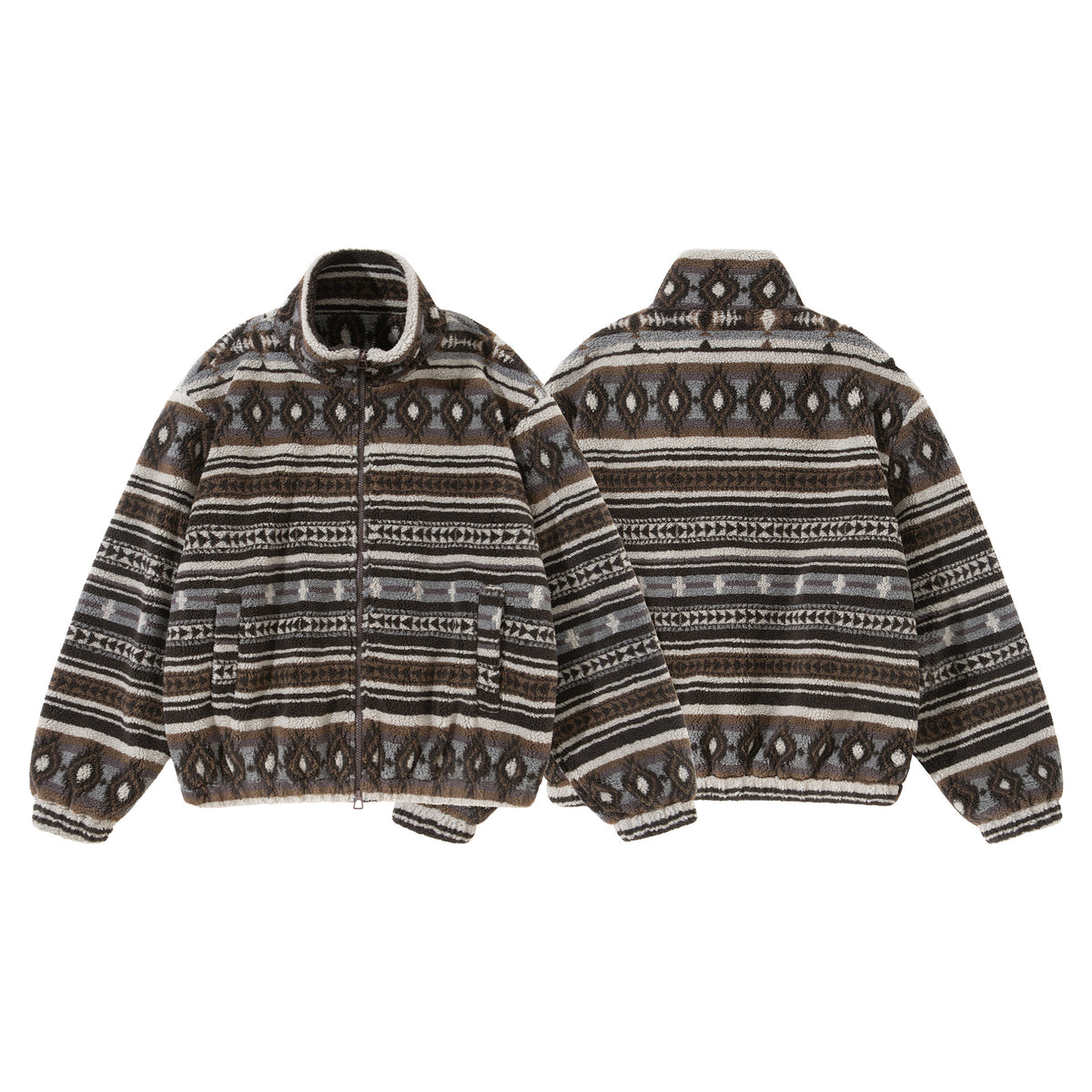 Unisex Short Jacket made of Teddy Fleece with Ethno Pattern and Stand-Up Collar EVA-US