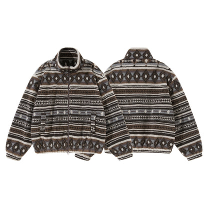 Unisex Short Jacket made of Teddy Fleece with Ethno Pattern and Stand-Up Collar EVA-US
