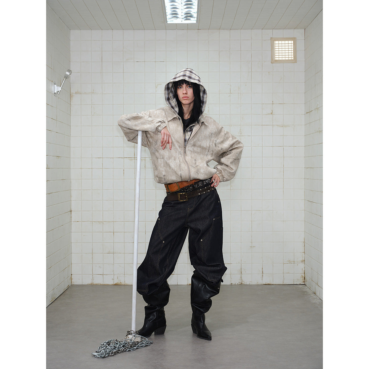Unisex Short Cut Boxy Jacket in Suede Look with Checked Lined Hood EVA-US