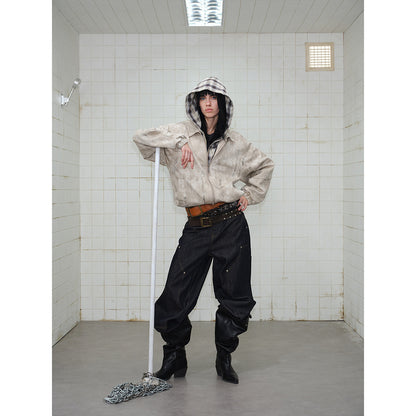 Unisex Short Cut Boxy Jacket in Suede Look with Checked Lined Hood EVA-US