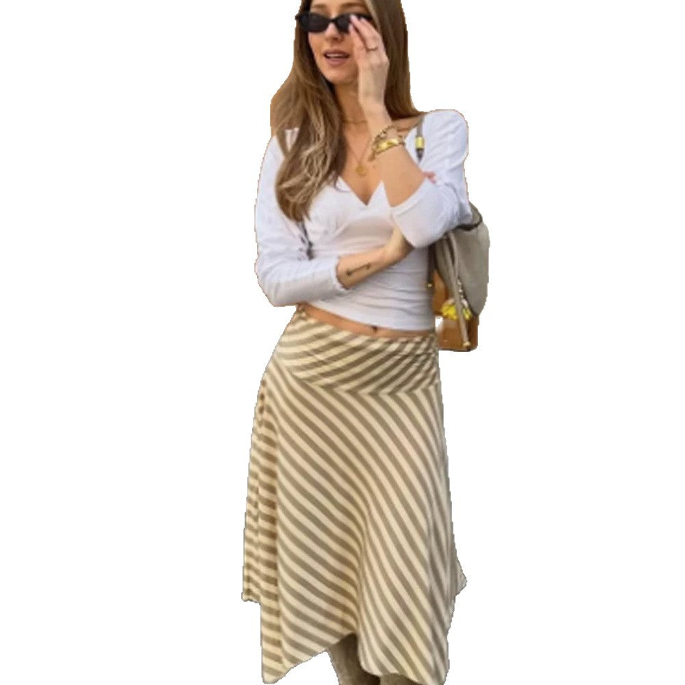 Women's Striped A-Line Midi Skirt with Asymmetrical Hem and Flowing Silhouette EVA-US