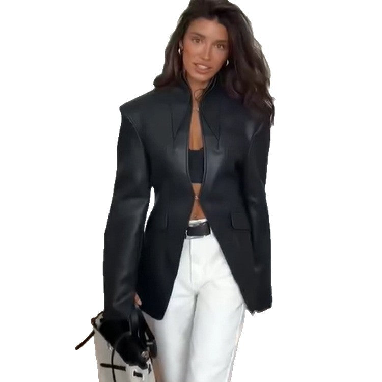 Women tailored vegan leather blazer with sculpted seams and stand-up collar EVA-US