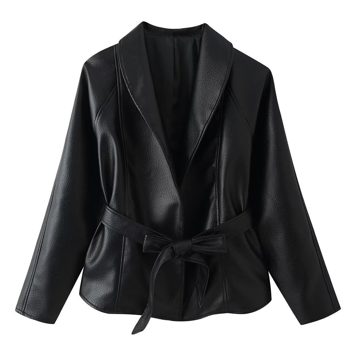 Women's short blazer made of vegan leather with shawl collar and waist tie belt EVA-US