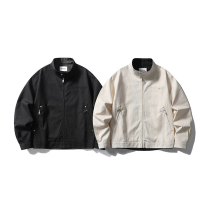 Men's short jacket with stand-up collar, concealed zipper, and checked inner lining EVA-US