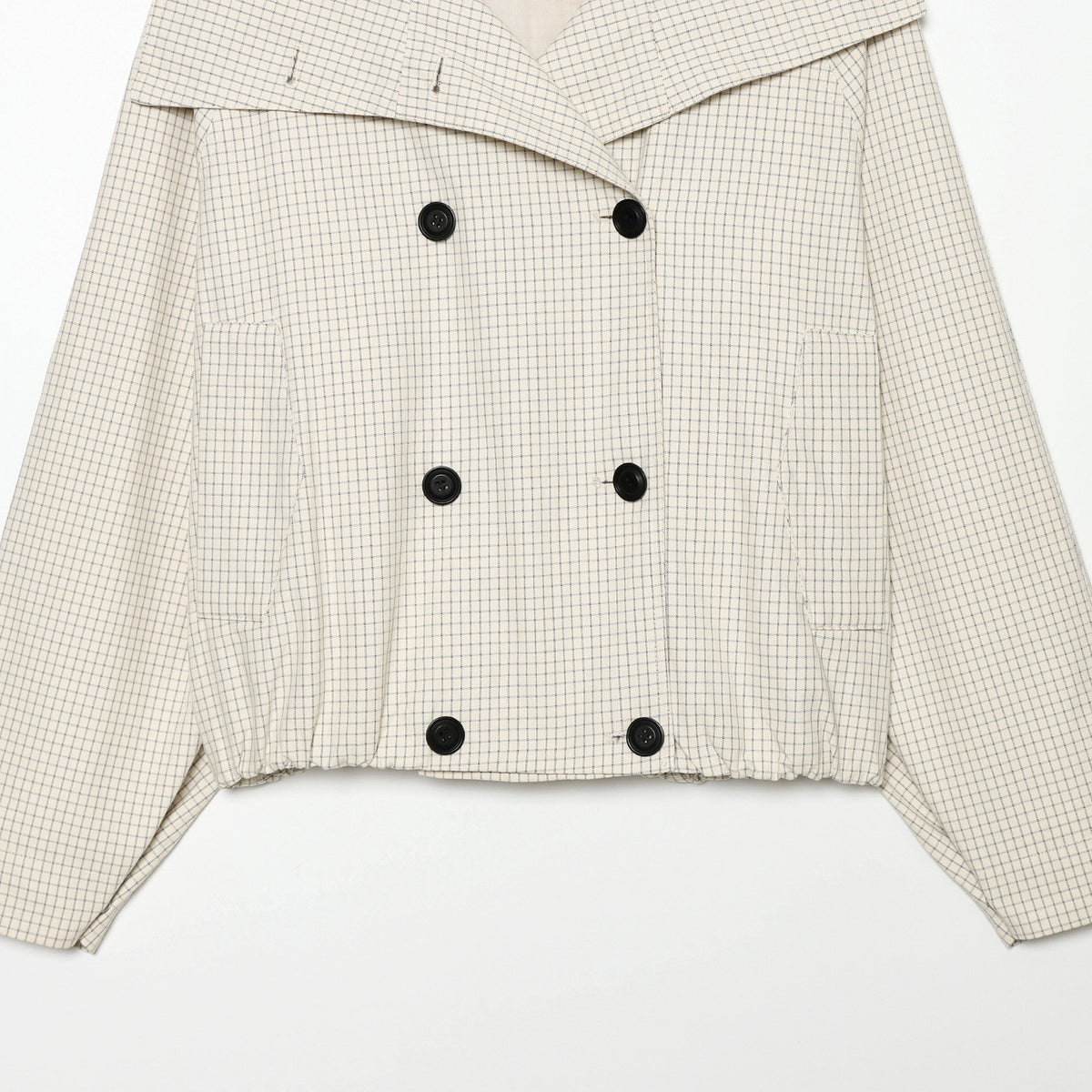 Women's Cropped Short Trench Coat with Wide Shawl Collar, Checkered Grid Print and Elastic Hem