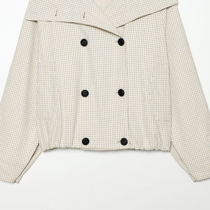 Women's Cropped Short Trench Coat with Wide Shawl Collar, Checkered Grid Print and Elastic Hem