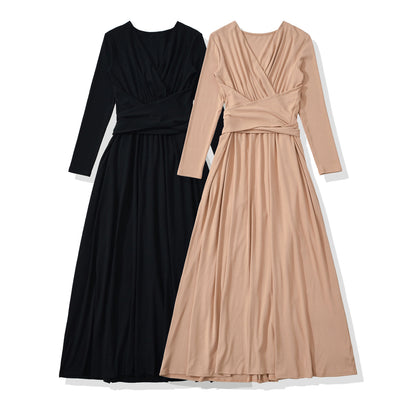 Women's Maxi Wrap Dress with Tailored Wrap Section and Long Sleeves EVA-US