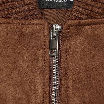 Women's Velour Leather Look Bomber Jacket with Ribbed Hem, Breast Pockets, and Full Zipper EVA-US