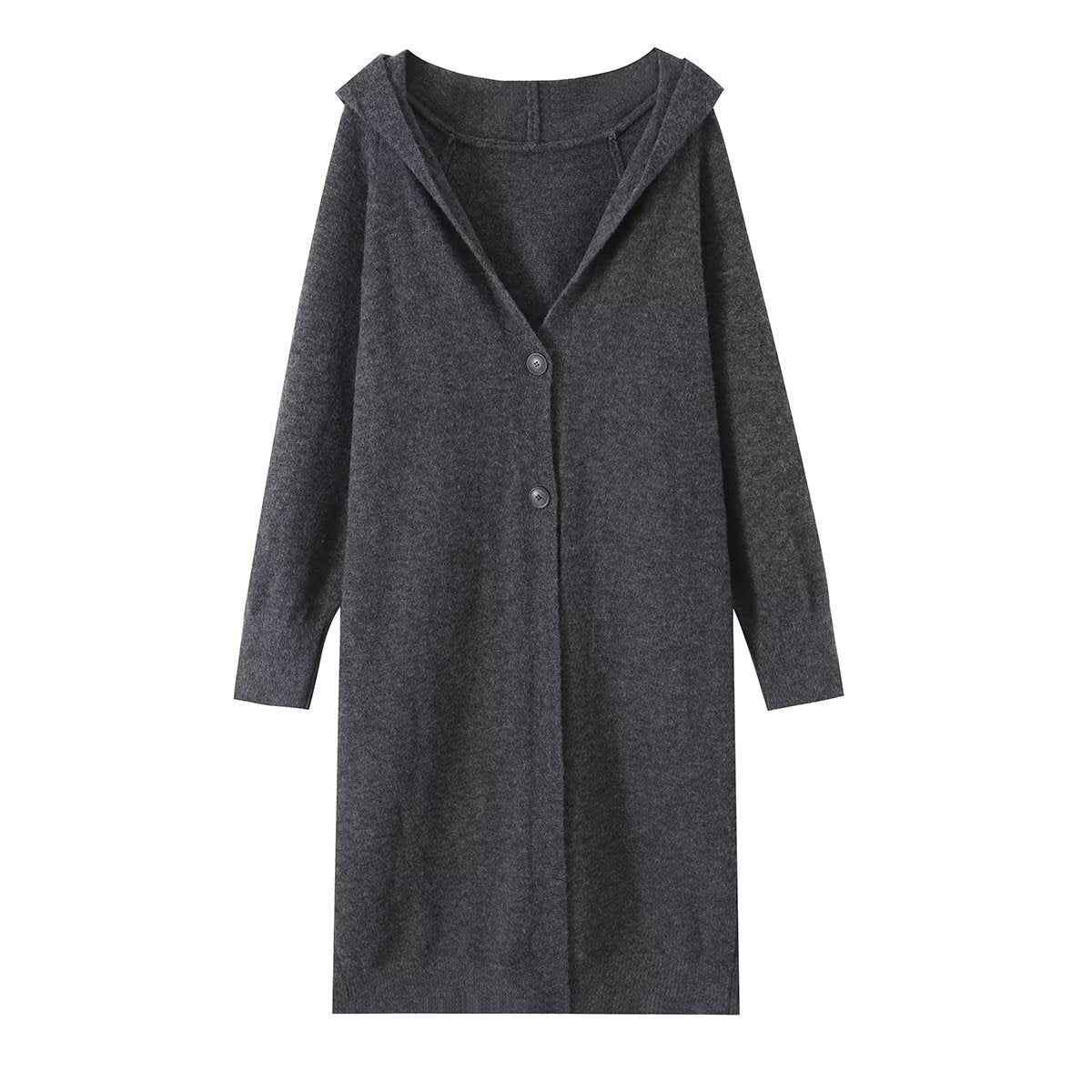Women Long Hooded Cardigan with Full Button Placket and Ribbed Cuffs EVA-US