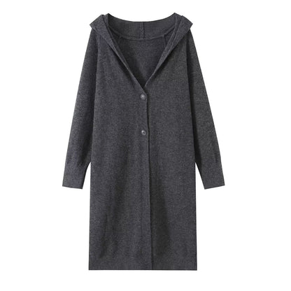 Women Long Hooded Cardigan with Full Button Placket and Ribbed Cuffs EVA-US