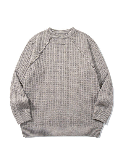 Unisex Structured Waffle Knit Crew Neck Sweater with Raglan Sleeves and Metal Logo EVA-US
