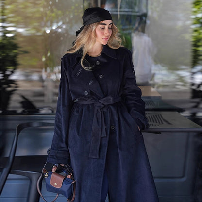 Women's longer cord trench coat with tie belt and oversized shoulders EVA-US