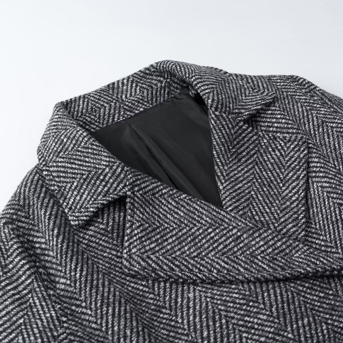 Women Short Double-Breasted Herringbone Tweed Jacket with Notch Lapel EVA-US