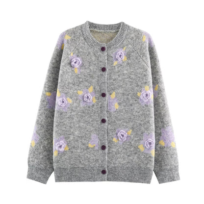Women's Fine Knit Two-Piece Cardigan with Floral Jacquard and Tailored A-Line Knit Skirt EVA-US