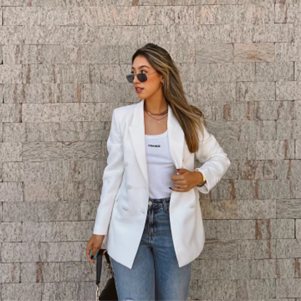Women Fitted Double-Breasted Long Blazer with Light Shoulder Pads and Clean Lapels EVA-US