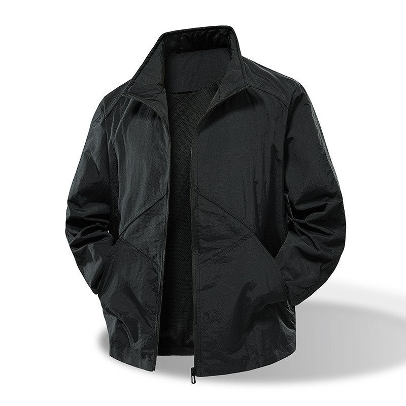 Men's Lightweight Windbreaker Outdoor Jacket with Stand Collar, Two-way Zipper and Concealed Pockets EVA-US