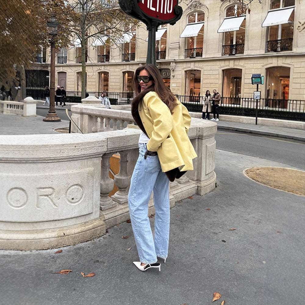Women Elegant Oversize Coat made of Suede Look with Voluminous Faux Fur Shawl Collar EVA-US