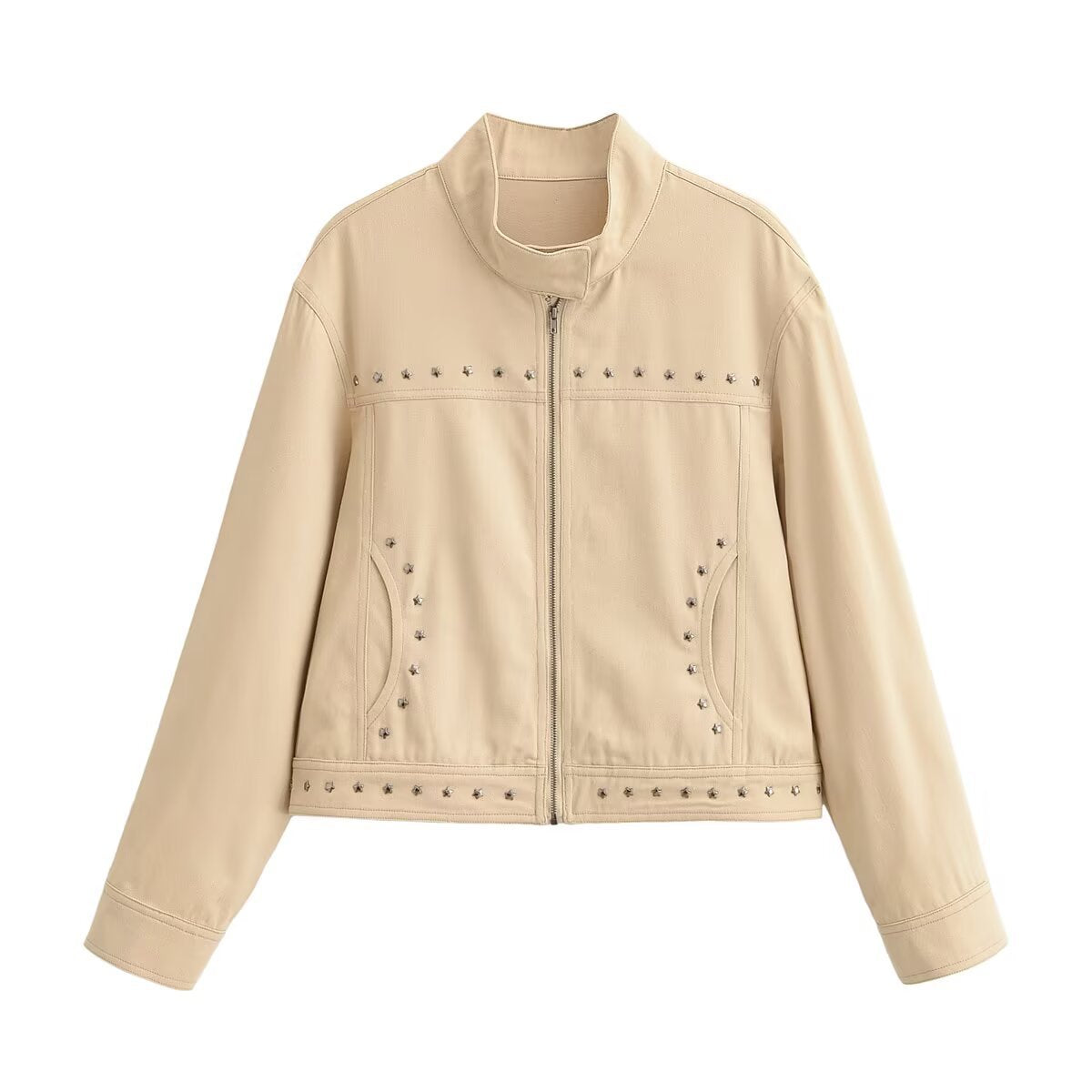 Women’s short-cut vegan leather jacket with stand-up collar, full-length zipper and star stud detail EVA-US