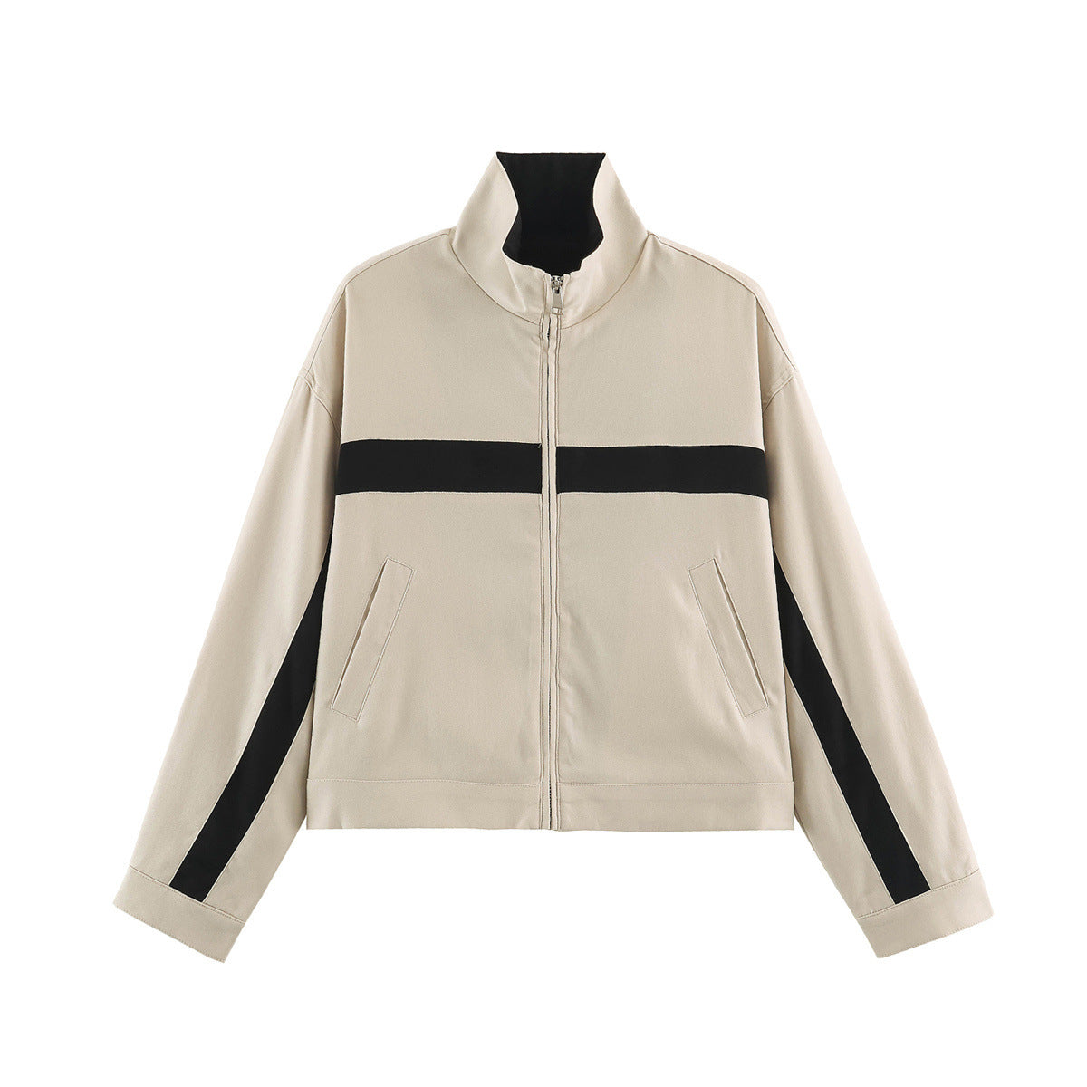 Ladies Cropped Track Jacket with Stand-up Collar, Zipper and Side Contrast Stripes EVA-US