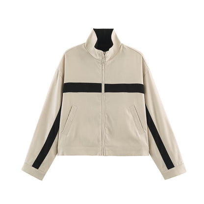 Ladies Cropped Track Jacket with Stand-up Collar, Zipper and Side Contrast Stripes EVA-US