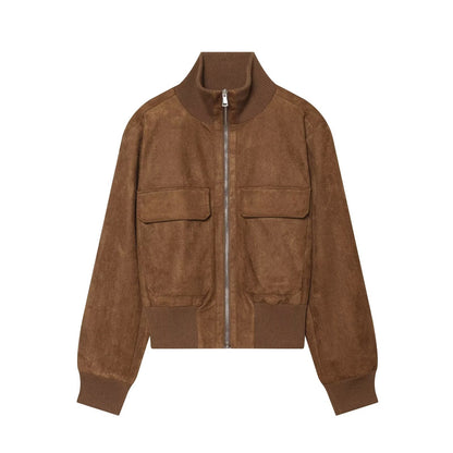 Women's suede look bomber jacket with ribbed collar and patch pockets EVA-US