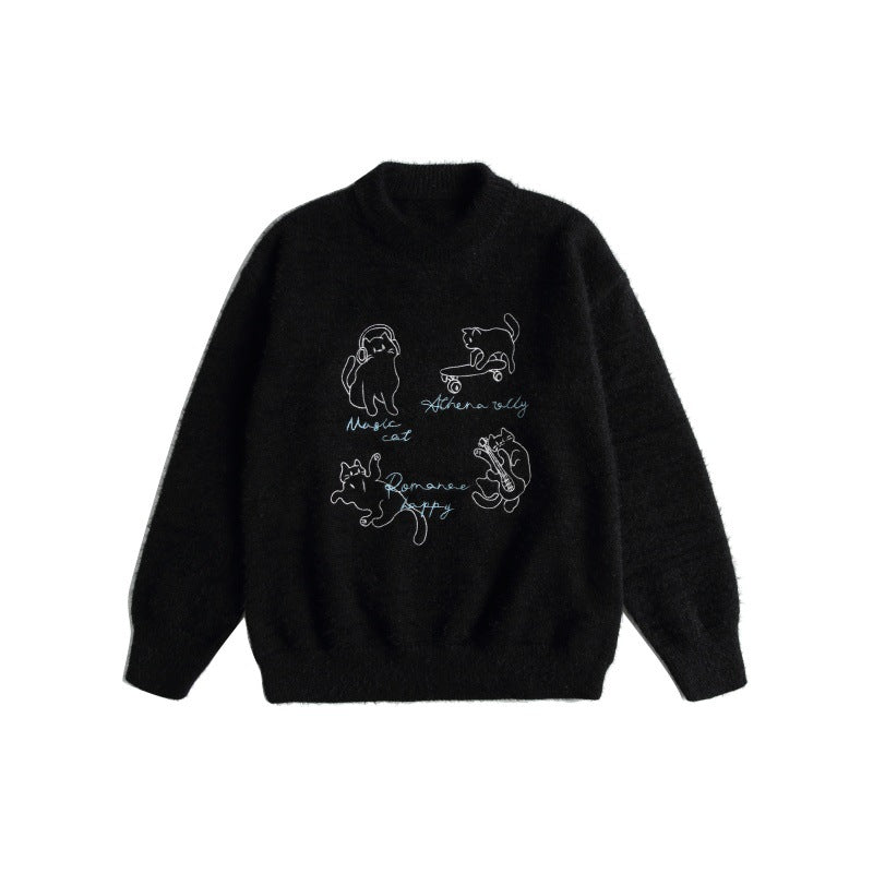 Women's Soft Sweater with Playful Cat Embroidery and Light Stand-up Collar EVA-US
