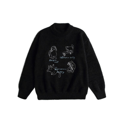 Women's Soft Sweater with Playful Cat Embroidery and Light Stand-up Collar EVA-US
