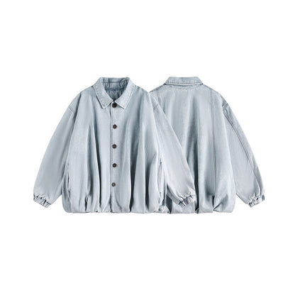 Unisex Lightweight Oversized Denim Jacket with Shirt Collar, Elastic Hem and Raglan Sleeves EVA-US