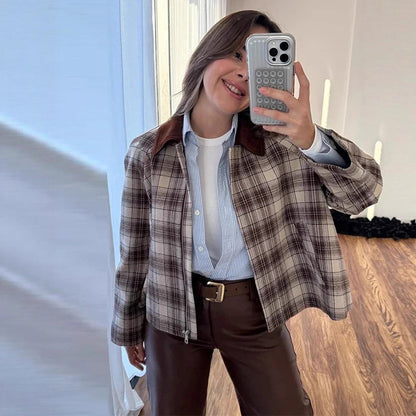 Women Boxy Check Transitional Blouse with Contrasting Shirt Collar EVA-US