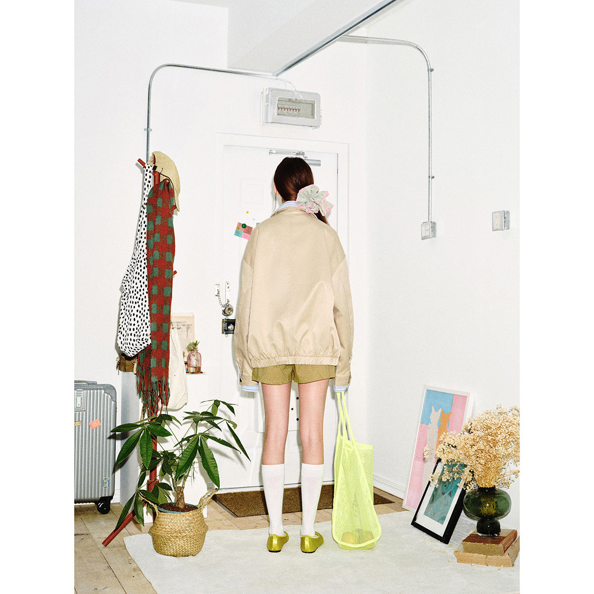 Women short cut boxy blouson jacket with striped shirt collar EVA-US