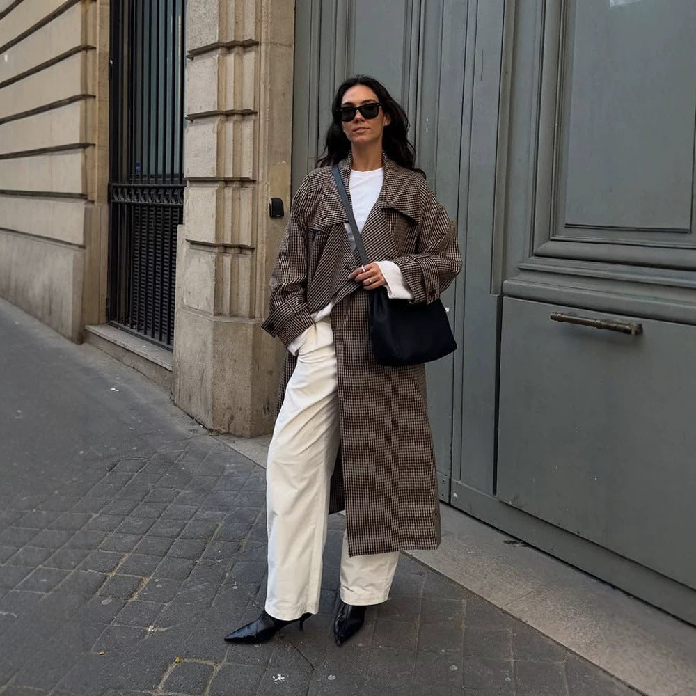 Women Oversized Coat in Glencheck with Wide Lapels and Dropped Shoulder Part EVA-US