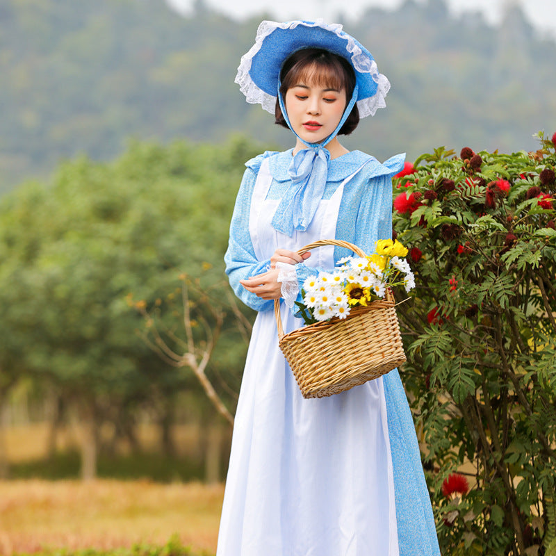 Women's Vintage Farmer Dress with Romantic Ruffles and Matching Hat EVA-US