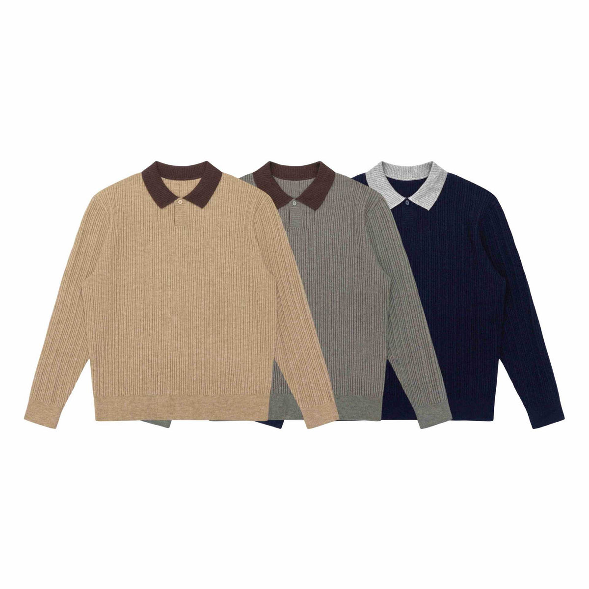 Men's fine-structured ribbed knit polo sweater with contrast collar EVA-US