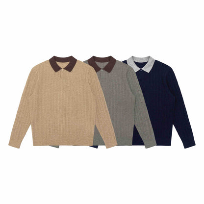 Men's fine-structured ribbed knit polo sweater with contrast collar EVA-US