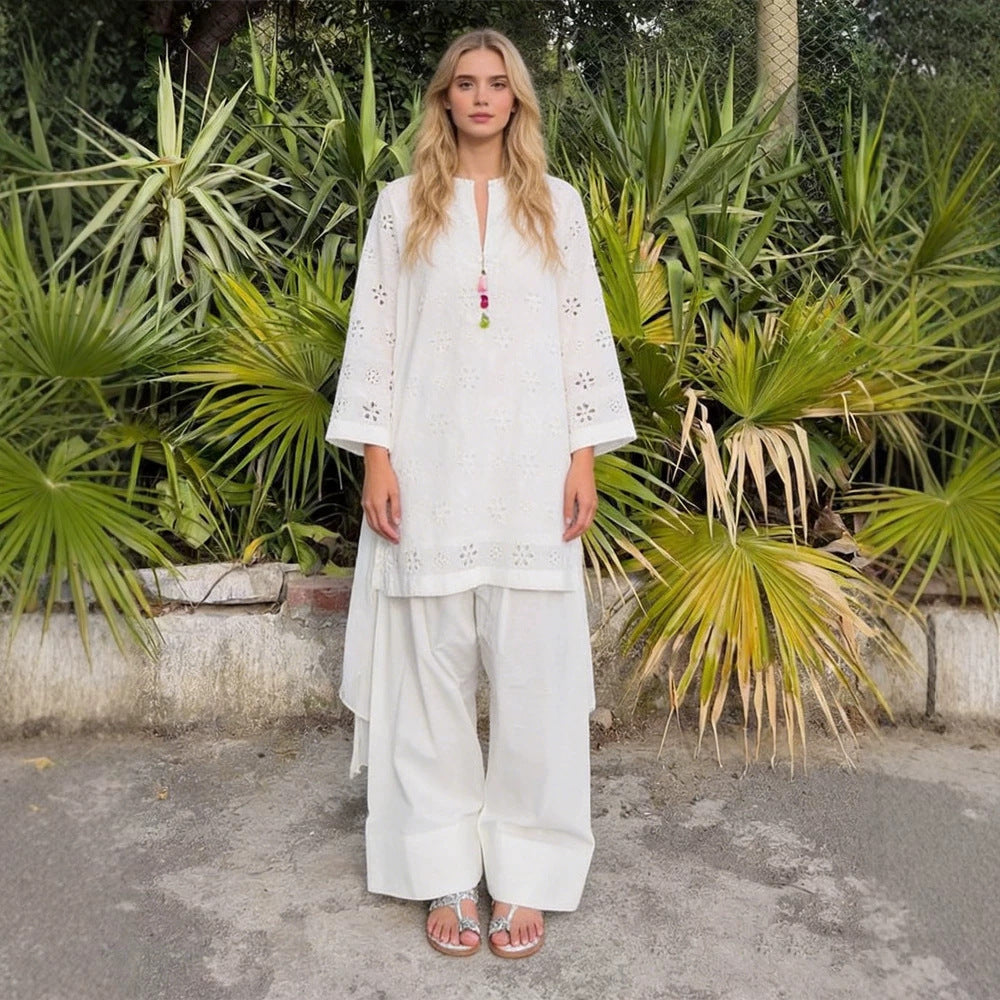 Women Loose Tunic Set with Broderie Anglaise and Wide Harem Pants EVA-US