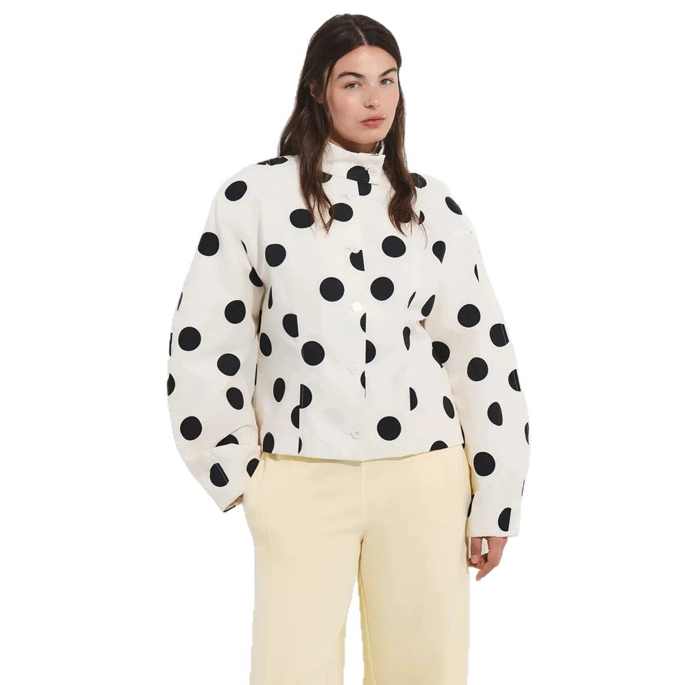 Women's Polka Dot Stand Collar Blouse with Oversized Sleeves and Boxy Cropped Silhouette EVA-US