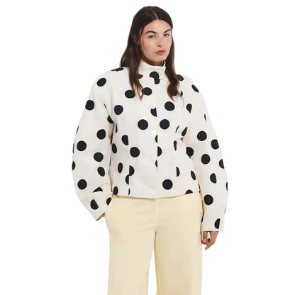 Women's Polka Dot Stand Collar Blouse with Oversized Sleeves and Boxy Cropped Silhouette EVA-US
