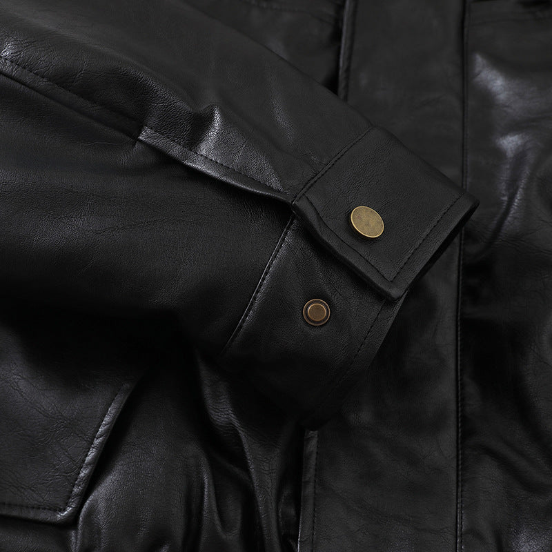 Men's Short Boxy Leather Blouson with Flap Pockets and Elastic Waistband EVA-US