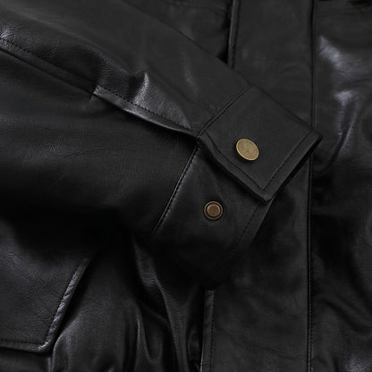 Men's Short Boxy Leather Blouson with Flap Pockets and Elastic Waistband EVA-US