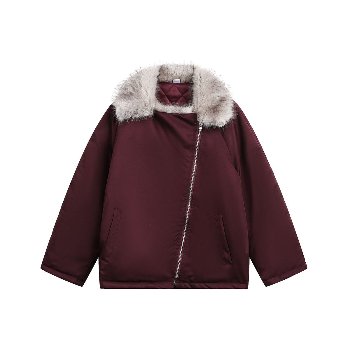 Women's Padded Short Parka with Faux Fur Collar and Asymmetrical Zipper