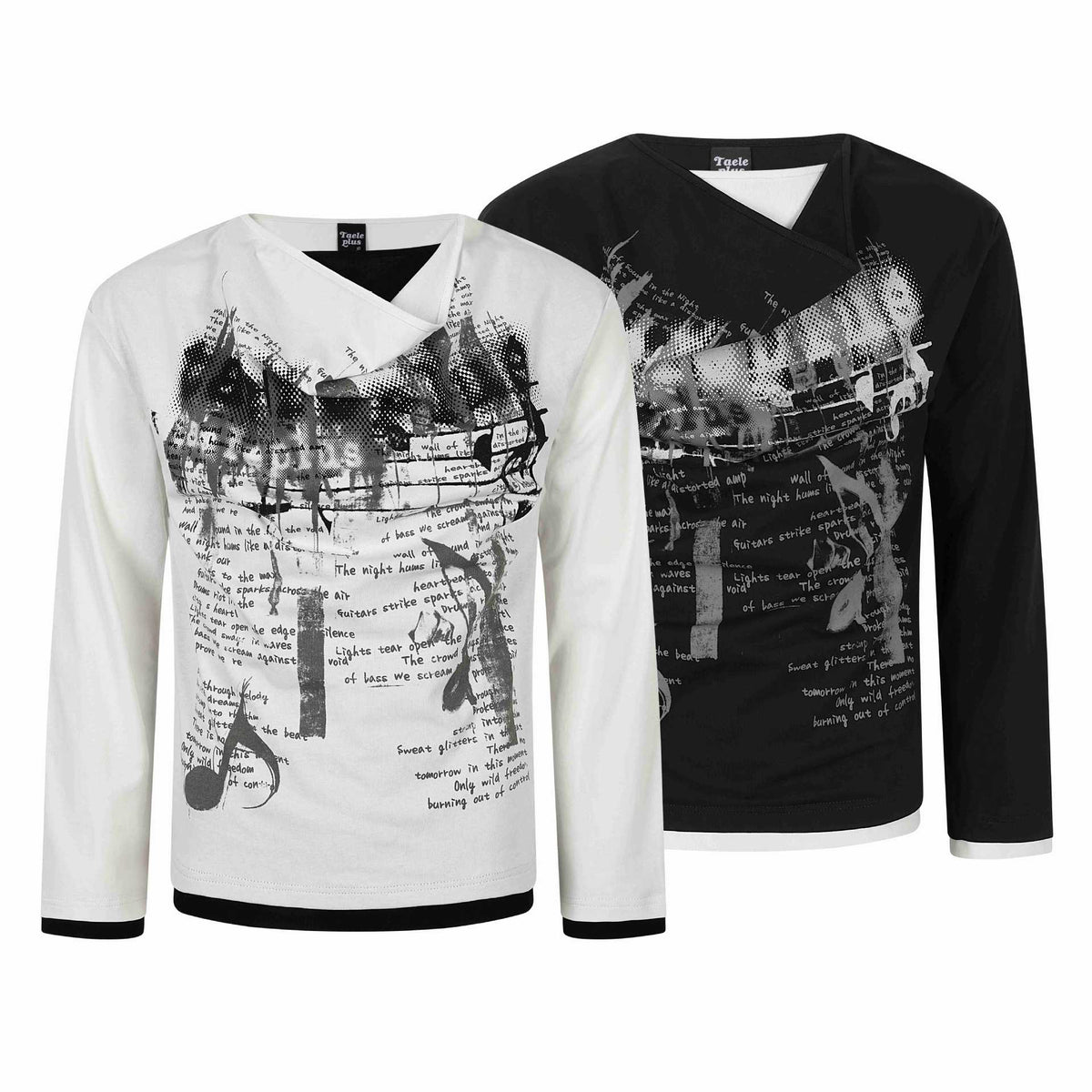 Women's long sleeve shirt with asymmetric funnel neck and graphic music print EVA-US
